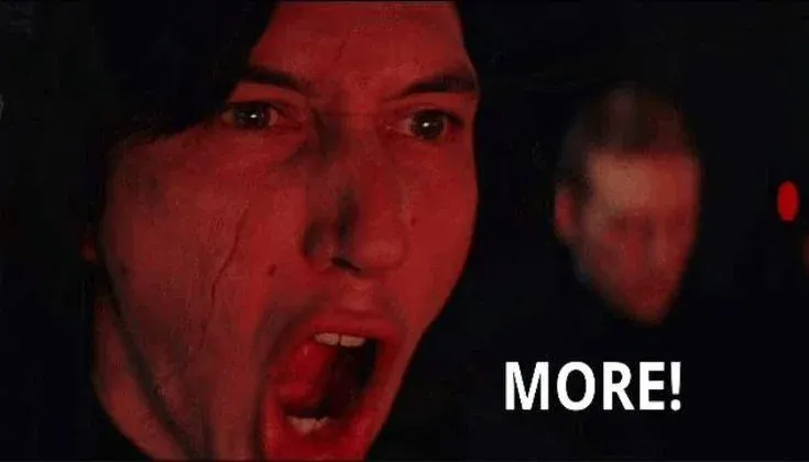A movie still of Kylo Ren menacingly screaming more