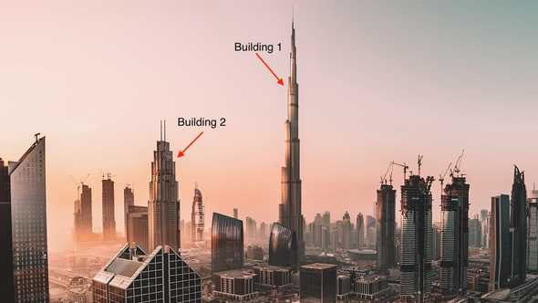 Landscape photo showing many skyscrapers. Tallest building labeled as Building 1 & a bit shorter skyscraper next to it labeled as Building 2